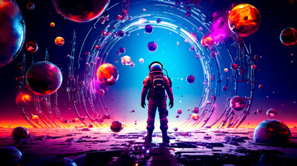 Man in space suit standing in front of tunnel of planets.