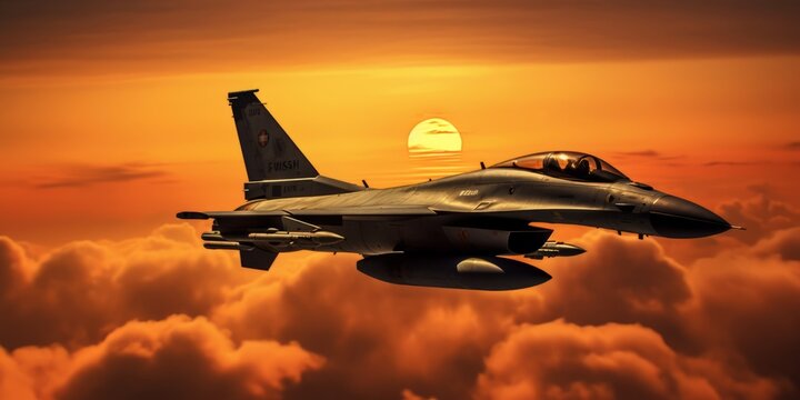 F16 military fighter airplane flying against sunset sky. Military aviation aircrafts and war missiles industry.