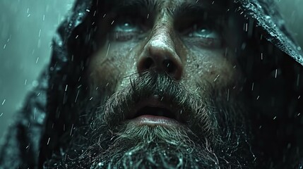 Close-up portrait of a bearded man face, black raincoat, panic, paralyzed, hypnotized eyes, looking up, cinematic lighting