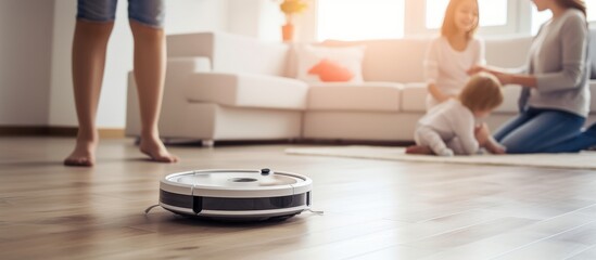 robot vacuum cleaner in modern smart home, robotic vacuum cleaner on wooden floor, Robot vacuum cleaner cleaning dust on tile floors. Modern smart cleaning technology housekeeping.
