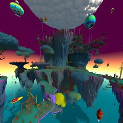 The surreal sci-fi 3d game shows a lonely implementation of a verdite island floating in a utopian threshold open pattern, in verdite style and deep purple and sky blue, threshold space, Canon ae-1, u