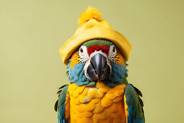 parrot wearing a hat on an egg green background