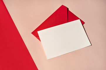 Aesthetic minimal luxury business branding stationery, blank paper card mockup, red envelope on...