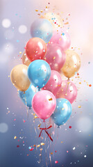 Balloons with confetti and ribbons. Festive card for birthday party, anniversary, festive events
