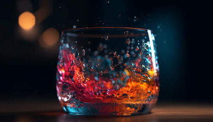 Alcohol drink liquid, close up bar, night whiskey drinking glass table generated by AI
