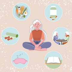 Vector illustration of elderly mature woman with gray hair with icons of healthy lifestyle, longevity, growing old, hormonal balance, healthy food, communication, sport, sleep, supplements, self-help