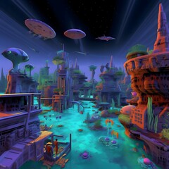 The surreal sci-fi 3d game shows a lonely implementation of a verdite island floating in a utopian threshold open pattern, in verdite style and deep purple and sky blue, threshold space, Canon ae-1, u - obrazy, fototapety, plakaty