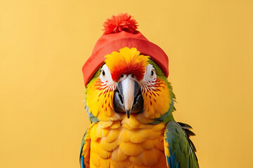 parrot wearing a hat on a yellow background