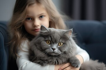 Little girl sitting on the couch and hugging a cat. Big gray fluffy cat. friendship. Keeping a pet. Snuggery. childhood