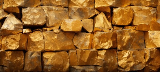 Gold rock bricks texture banner wallpaper. Gold Bricks wall texture. Horizontal photo. For banners, posters, advertising.