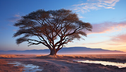 Fototapeta na wymiar Silhouette of acacia tree against blue sky generated by AI