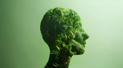 human face made of vegan vegetables, green vegan concept