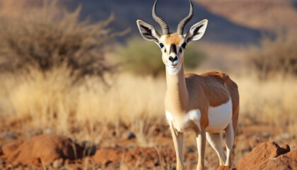 Standing springbok in African savannah, looking at camera, alertness generated by AI