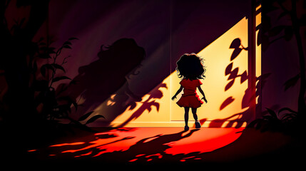 Little girl standing in front of wall with shadow on it.