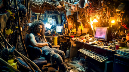 Man with long hair sitting in chair in front of computer.