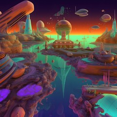 The surreal sci-fi 3d game shows a lonely implementation of a verdite island floating in a utopian threshold open pattern, in verdite style and deep purple and sky blue, threshold space, Canon ae-1, u - obrazy, fototapety, plakaty