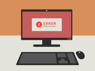 Computer screen with error message, contact support, vector illustration in flat style