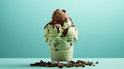 copa de helado de menta con trozos de chocolates sobre un fondo verde claro - obrazy, fototapety, plakaty