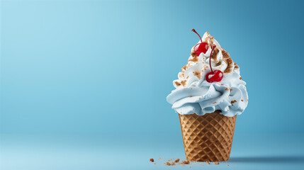cono de helado de nata con cerezas sobre un fondo azul claro - obrazy, fototapety, plakaty