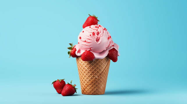 Cono de helado de fresa con trozos de fresa natural sobre un fondo azul claro