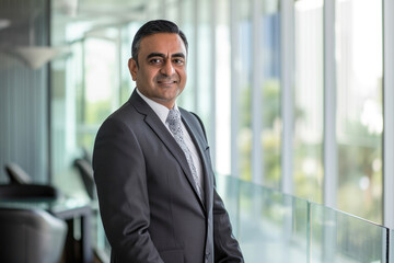 Professional headshot with a modern twist. a 45-year-old South Asian man dressed in a sharp suit standing confidently in an elegant office setting