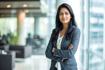 Professional headshot with a modern twist. a 45-year-old South Asian woman dressed in a sharp suit standing confidently in an elegant office setting