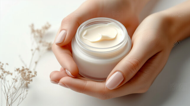  Illustration of a woman's hands holding a jar of cream. Beauty product display. Generative AI