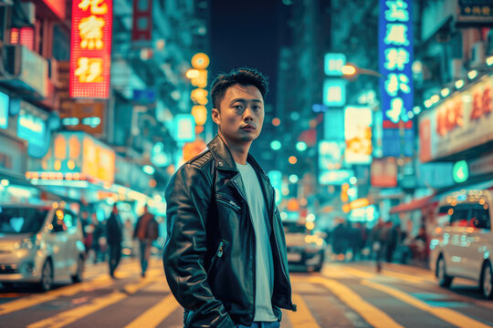 Imagine a bustling urban setting at night, with neon lights and city life. A confident, adventurous 30 - year - old Asian man, dressed in a leather jacket and jeans, is exploring the city streets.