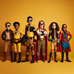 Diverse group of children dressed as superheroes.