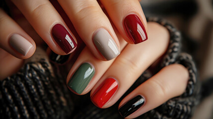 Photos of the design of multicolored nails on the hands , advertising the color of nails