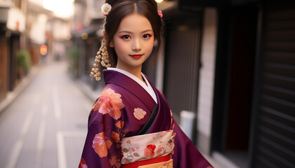 Smiling geisha in traditional clothing exudes elegance generated by AI