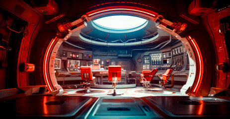 Futuristic space station with red chairs and round window in the center.