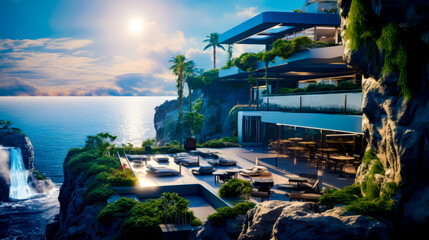 Rendering of hotel overlooking cliff overlooking the ocean and palm trees. - Powered by Adobe