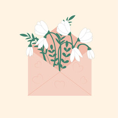 Flowers snowdrops in the envelope. Floral greeting card, cartoon bouquet. Mother's day, women's day, wedding gift, Valentine's day. Beautiful spring botanical vector illustration in flat style. 