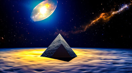 Computer generated image of pyramid in space with distant object in the background.