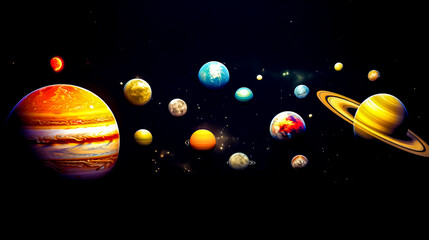 Solar system with eight planets and the sun in the middle of it.