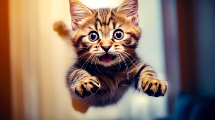 Small kitten is jumping up into the air with it's paws wide open.