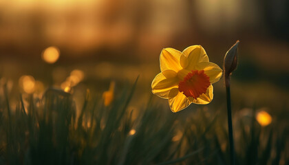 Obraz premium Yellow flower in meadow, vibrant petals under summer sunlight generated by AI