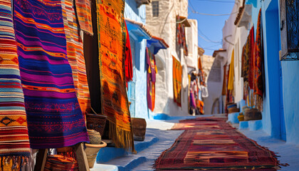 Fototapeta na wymiar Vibrant colors adorn African textiles in Medina district generated by AI