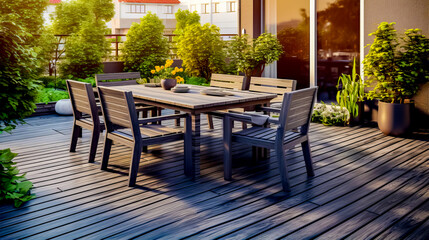 Obraz premium Wooden table sitting on top of wooden deck next to tall building.