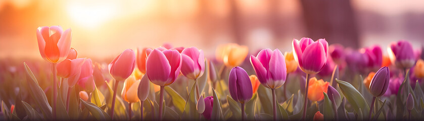 spring beautiful tulip flowers on blurred nature background banner for Woman day holiday card - obrazy, fototapety, plakaty
