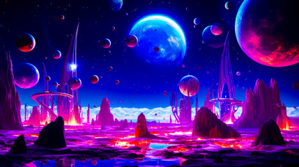 Futuristic landscape with planets, stars, and distant city in the distance.