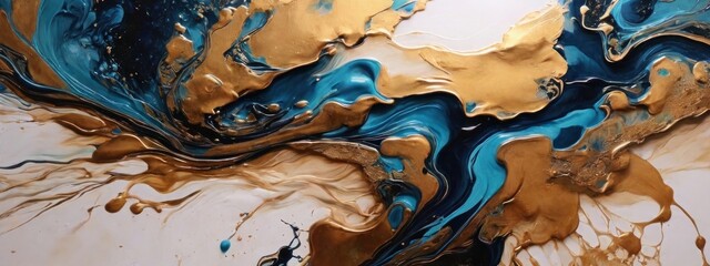 Abstract gold and blue liquid paints art. Contemporary surrealist painting.  Modern poster for wall decoration	
 - obrazy, fototapety, plakaty