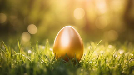 golden easter egg in green grass - obrazy, fototapety, plakaty