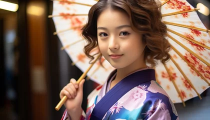 Fotobehang Smiling young women holding traditional Japanese umbrella generated by AI © Gstudio