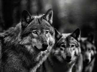 Pack of wolves in dark forest