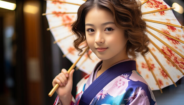Smiling young women holding traditional Japanese umbrella generated by AI