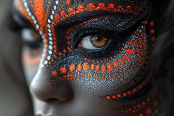 A captivating close-up of a girl with intricate and detailed paint patterns on her face, set against a monochrome backdrop, creating a sense of ornate beauty and sophistication.