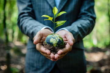 A man in a business suit holds a miniature planet with a sprout Ai generative