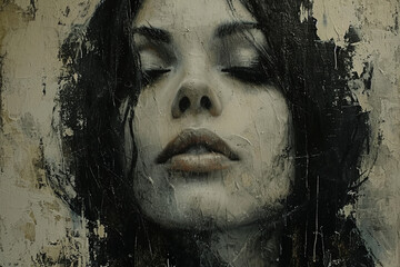 A dreamy and contemplative portrayal of a girl with soft and muted paint strokes on her face, set against a monochrome canvas, creating a serene and meditative atmosphere.